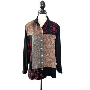 TanJay Black and Brown Patterned Button Down Shirt Size 14 Western Lace Floral